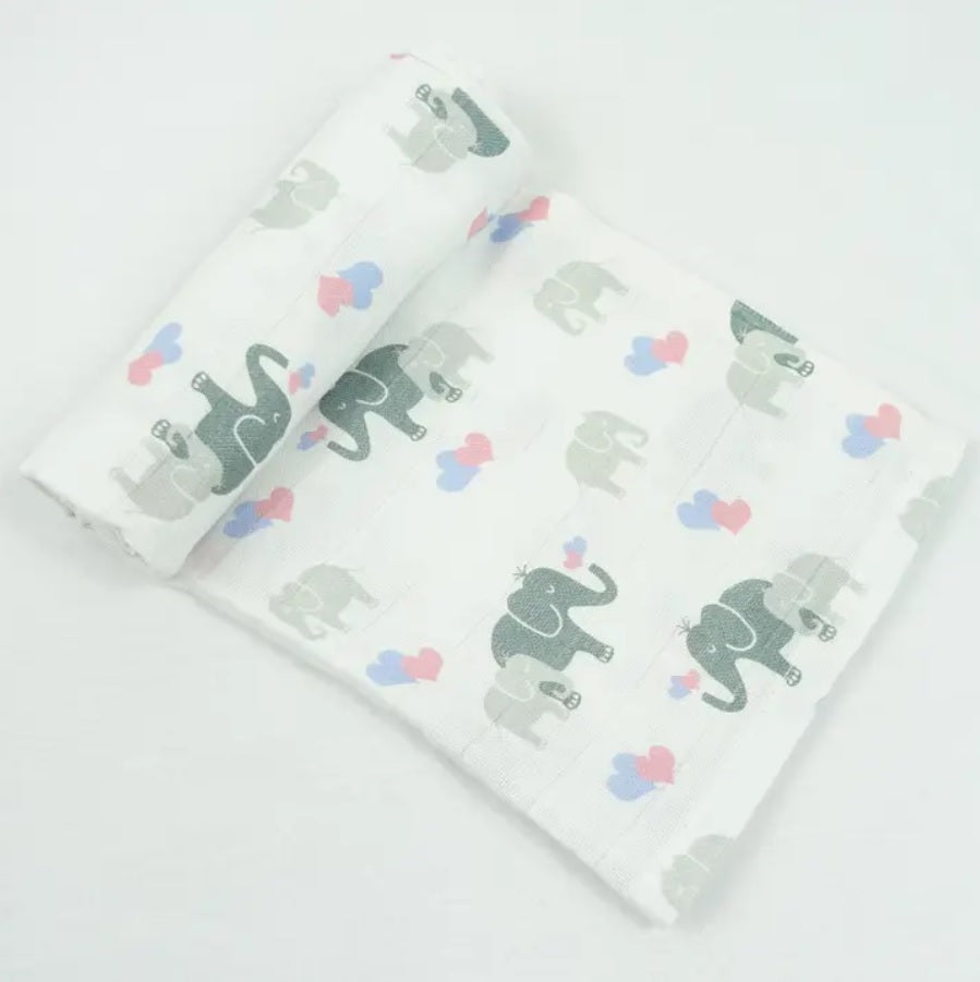 Elephant Print Bamboo and Organic Cotton Swaddle Blanket